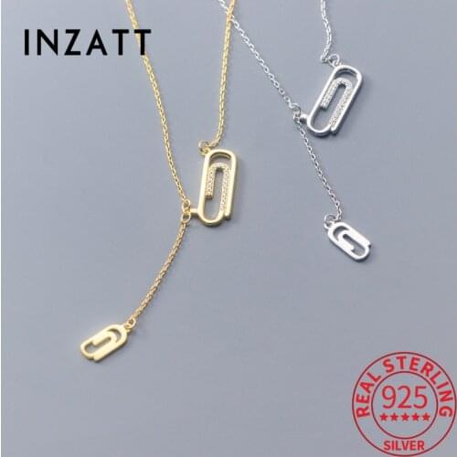 INZATT Real 925 Sterling Silver Geometric Zircon Paperclip Pendant Choker Necklace For Women Hiphop Fine Jewelry Accessories