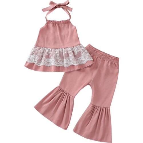 2Pcs Kid Girls Outfit Sweet Style Lace Splicing Sleeveless Hanging Neck Tops + Solid Color Long Bell-bottomed Pants Set