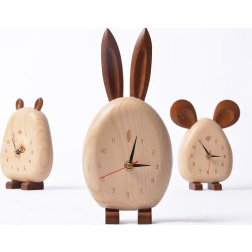 Creative Pastoral small fresh wood clock Long ears mouse hippo rabbit animal modeling desktop wood clock