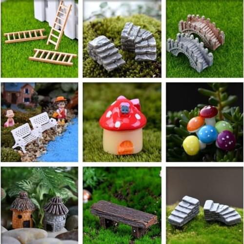 Cute Village house Miniature Garden Mini Bridge Stairs Craft Figurine Plant Pot Garden Ornament Miniature fairy garden supplies