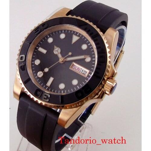 Rose Gold Plated Mens Watch 24 Jewels NH36A Sapphire Glass Week Date Function Unidirectional Bezel Luminous Marks Rubber Strap
