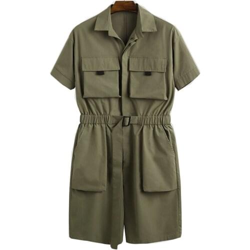 Mens short sleeve overalls fashion streetwear multi-pocket shorts loose jumpsuit solid color 2021