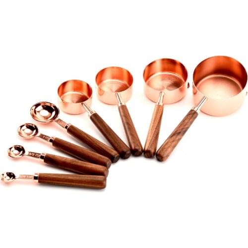 Baking Supplies 4/8 Pieces Measuring Spoon Set Wooden Handle Stainless Steel Copper Plated Measuring Cup Kitchen Accessories