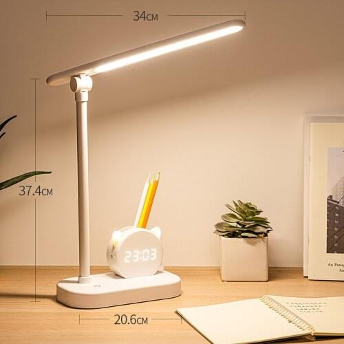 USB Charging Eye Protection Desk Lamp With Clock Pen Holder Night Light LED Desk Lamp Table Lamp With Clock Stepless Dimming