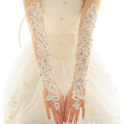 2021 New Fashion Bride Gloves Long Wedding Dress Gloves Lace Beige Elbow Length Beaded Fingerless