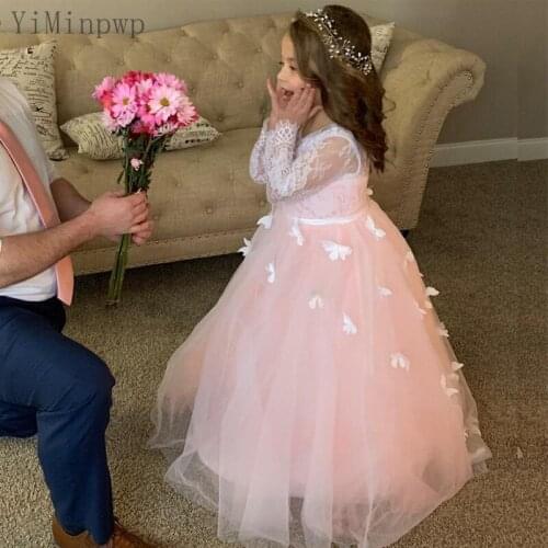 YiMinpwp Flower Girl Dresses for Weddings O Neck Long Sleeve Floor Length Butterfly Child Birthday Party Gowns