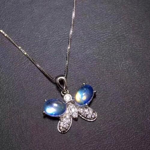 Natural blue moonstone Pendant natural gemstone Elegant Butterfly Dragonfly pendant necklace S925 silver women party jewelery