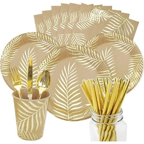 Gilded Tableware Environmental Protection Kraft Paper Tableware Set Party Decoration Printed Paper Tray Paper Cup Paper Towel