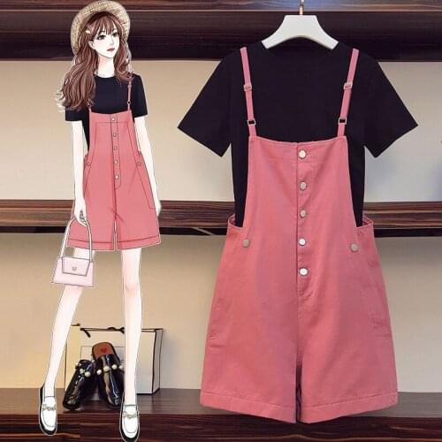 Plus size womens 200 kg fat sister summer suit womens western-style solid color T-shirt loose and thin bib two-piece suit