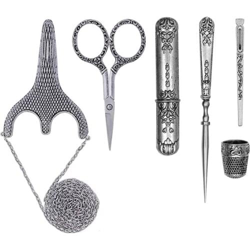 LMDZ Silver Embroidery Scissors, Thread Cutter with Sheath, Sewing Needle Case,Awl,Finger Cot for Sewing Craft