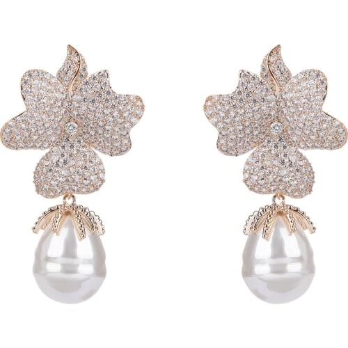 Multicolors Cubic Zircon Leaves Earrings for Wedding, Pearl Flower Earring for Party, Women Girl Gift CE11034
