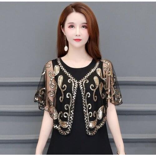 Party Evening Dresses Beaded Ladies Sequin Apricot White Gold Black Femme Wedding Cape Bolero Shrugs For Women Top Cover Up