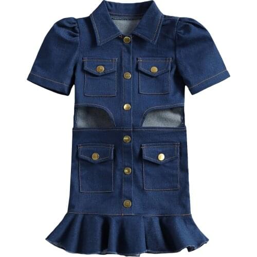 1-6Y Kids Baby Girls Vintage Denim Dress, Lapel Short Sleeve Cut Out Buttons Ruffle Mini Dresses