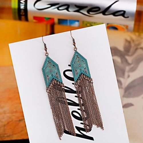 TopHanqi Vintage Boho Ethnic Bronze Long Chain Tassel Drop Earrings Women Female Geometric Carved Hook Ear Jewelry Earring Gifts