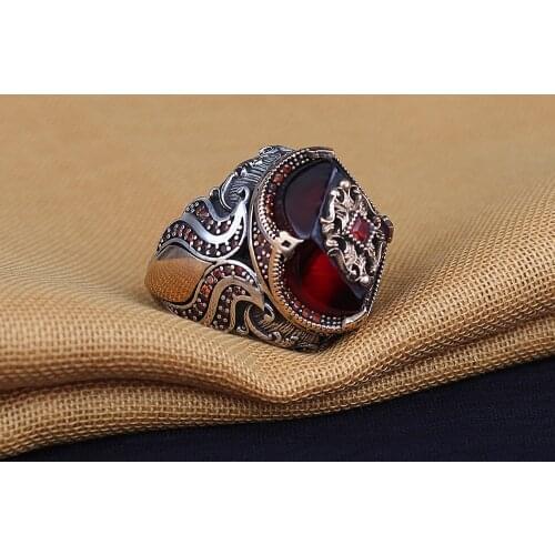 Amber 925 Silver Engrave Traditional Handmade Turkish Signet Ring Original Kehribar Mosque Design Jewelry Gift for Women Men