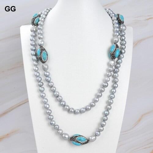 GuaiGuai Jewelry 55'' Natural Grey Pearl Blue Turquoise CZ Paved Beads Long Necklace