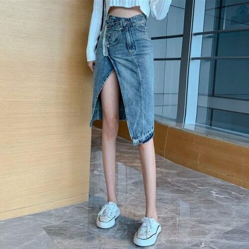 Split irregular denim skirt womens high waist medium length new skirt summer buttocks small A-line skirt