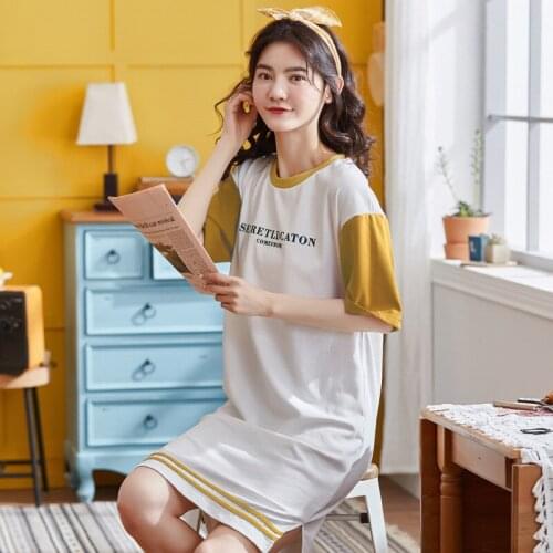Women summer new cotton ladies pajamas short sleeve nightdress Korean fashion letter print casual thin sleepshirts sleepwear