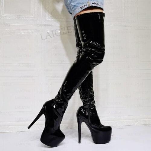 SEIIHEM Women Boots Thigh High Platform Stiletto Heels Over Knee Boots Shiny Black Sapato Ladies Shoes Woman Big Size 42 47 52