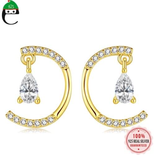 ElfoPlataSi Genuine 925 Sterling Silver Moon Water Drop Zircon Stud Earrings Birthday For Women Wedding Girls Fine Jewelry L026