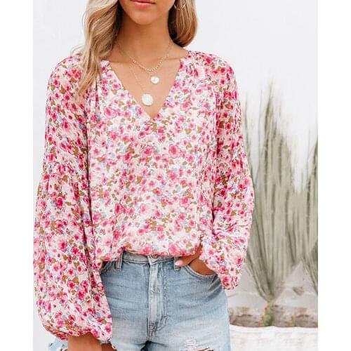 For Womens Autumn And Winter Chiffon Tops Fashion V Neck Printing Casual Loose Woman Lantern Long Sleeve T-Shirt Tops 2021