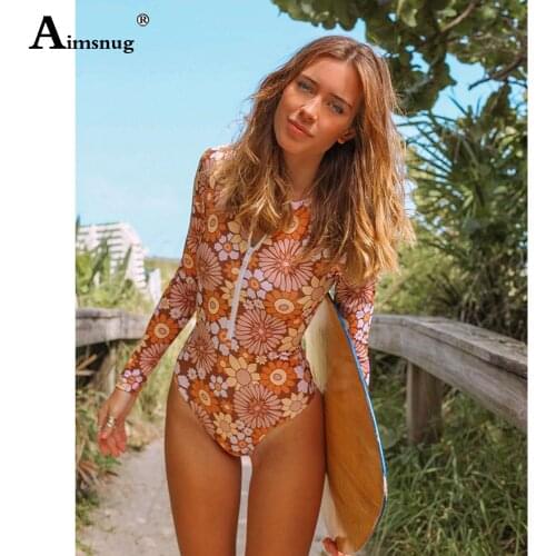 Women Flower Print Swimwear Long Sleeve Female One-Piece Swimsuit Sexy Thong Beachwear Fashion Zipper Surfing Swim Clothing 2021