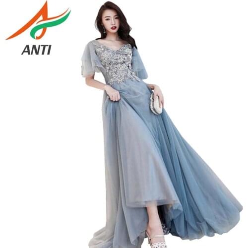 ANTI Charming Light Blue Evening Dresses 2019 A-Line V Neck Appliques Pearls Beadings Dubai Saudi Arabic Long Formal Party Gowns