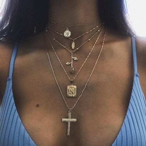 Cross Necklace Rose Square Letter N Pendant Chain Necklaces Cross Pendant Necklace Harajuku Women Jewelry Kpop Collares