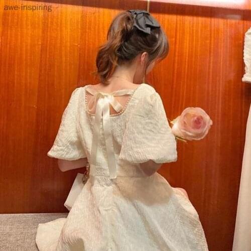 2021 Summer New Dress Temperament Sweet Pure Color Cute Girl Waist Slimming Bowknot Puff Sleeves Loose Cute Puff Skirt Princess