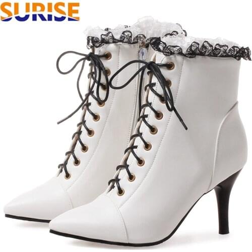 Winter Women Martin Boots 8cm Thin Spike High Heels White Black PU Casual Office Female Pointed Toe Lace Up Stiletto Ankle Boots
