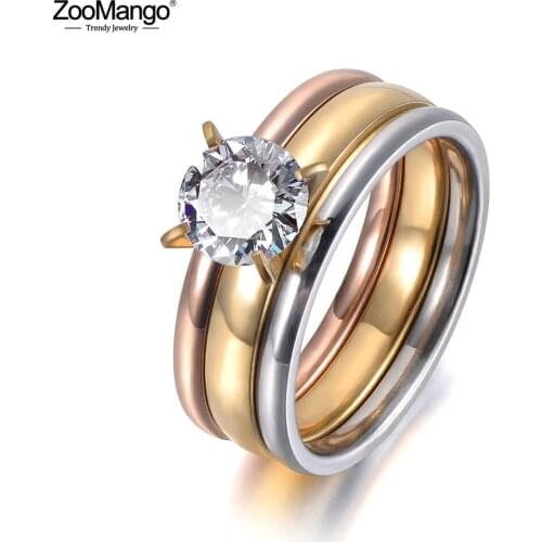 ZooMango 3 Gold Color Prong Setting Single CZ Crystal Rings Stainless Steel Wedding Ring Jewelry For Women Gift Anillo ZR19039
