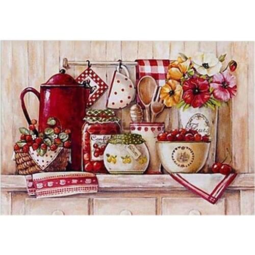 100% Diy 5D Diamond Painting Full Drill Kitchen Red Tablewares Stitch Diamond Embroidery Patterns Home Decoration
