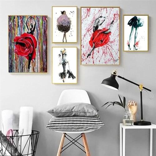 Ballerina Girl Abstract Flower Skirt Canvas Painting Graffiti Posters and Prints Wall Decor Modern Home Decor Art Cuadros