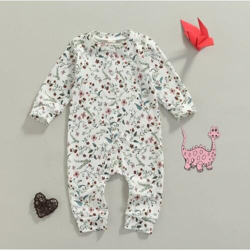 Baby Girls Floral Printed Bodysuit Kids Clothing Long Sleeve Buttoned Round Neck Long Pants Baby Clothing Newborn Winter Clothes