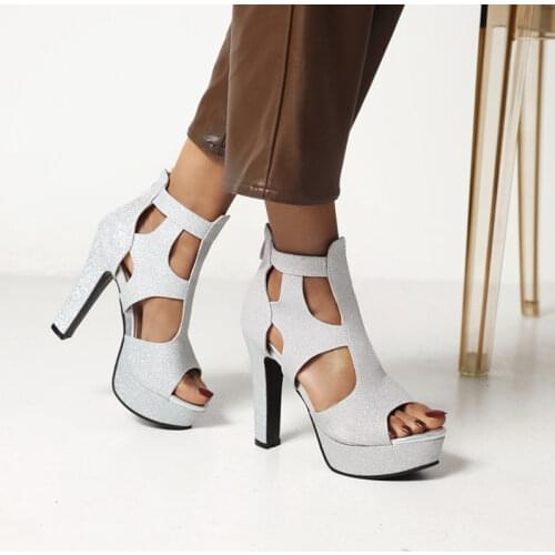Ochanme Sexy Ultra High 12cm Heels Sandals Women Platform Shiny Glitter Hollow Cut Summer Boots Bling Gold Silver Peep Toe Shoes