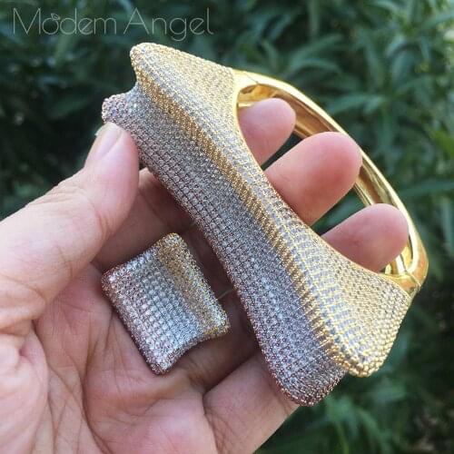 ModemAngel Luxury Geometric Micro Inlay Cubic Zircon Racelet Bracelet Bangle Ring Set Women Party Wedding Jewelry