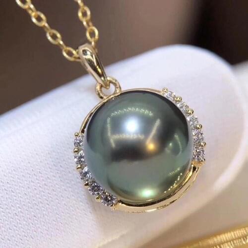 D928 Pearl Pendant Fine Jewelry Solid 18K Gold Round 10-11mm Nature Sea Water Tahiti Black Pearls Pendants Necklaces for Women