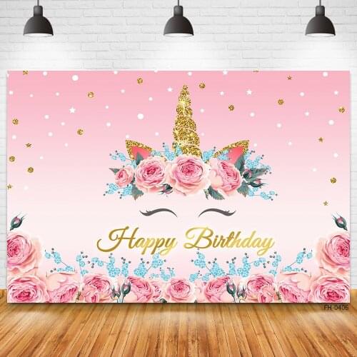Custom Name Unicorn Flower Backgrounds For Birthday Party Photography Gold Dots Glitters Baby Shower Photo Backdrops Photophone