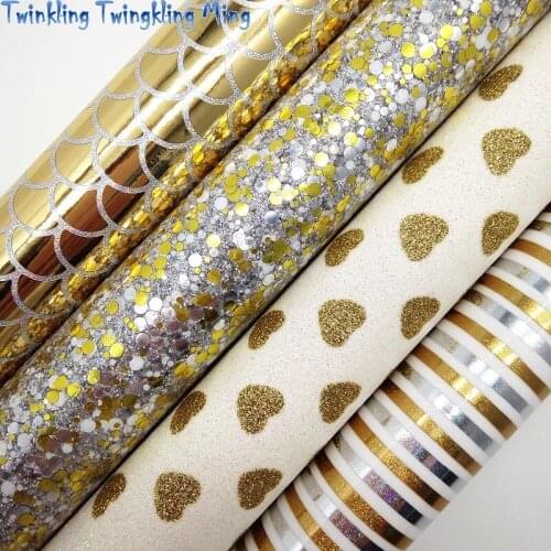 Smooth Gold Glitter Fabric, Stripes printed Synthetic Leather, mermaid Faux Fabric For Bow A4 21x29CM Twinkling Ming KM008