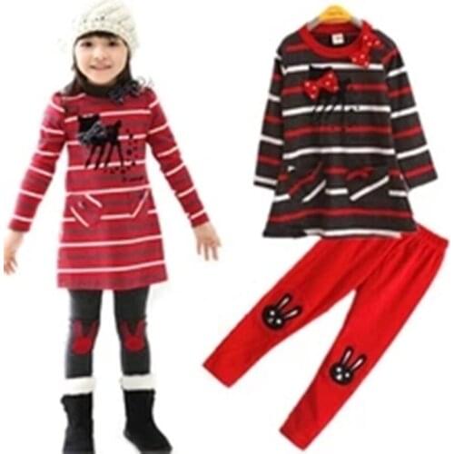 2015 Childrens Clothes Little Fawn Stripe Dress Deer Girls Suit 2pcs Long sleeve Dress+Leggings Baby Girls Set k1