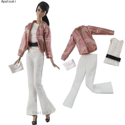 1Set Pink White Clothes Set for Barbie Doll Suit Fashion Outfits Jacket Top Pants Handbag Purse 1/6 Accessories Kids Toys