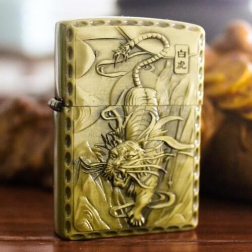 Creative Bronze Embossed Kerosene Lighter Four Great Animal Tiger/Dragon Personality Cotton Oil Flint Wheel Smoking Lighters Men