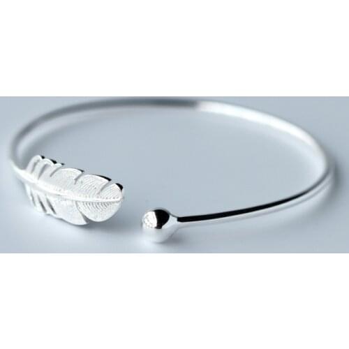 FXLRY Hot Selling Fine Jewelry Silver color Retro Simple Feather Bracelet Opening Adjustable Bracelets For Fashion Women