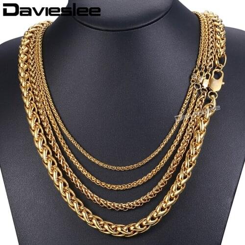 Davieslee Braided Wheat Link Necklace for Men Chain Stainless Steel Gold Tone 3-9.5mm DKNM161