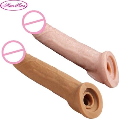 Man Nuo Reusable Penis Enlargement Extension Condoms Huge Cock Sleeve Realistic Silicone Dildo Set Adult Sex Toys for Men 88