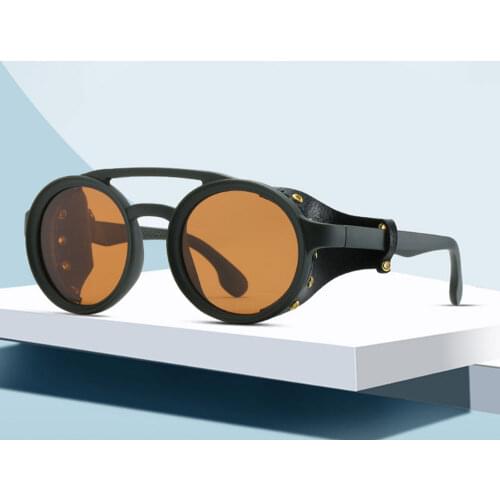 2019 New Retro Vintage Round Polarized Punk Steampunk Sunglasses For Men Leather Side Shield Male Sun Glasses