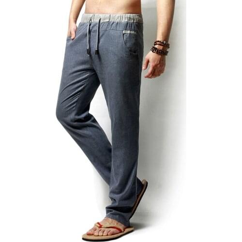 Cotton Linen Men Casual Pants Solid Straight Breathable Fashion Comfortable Full Length Male Loose Trousers