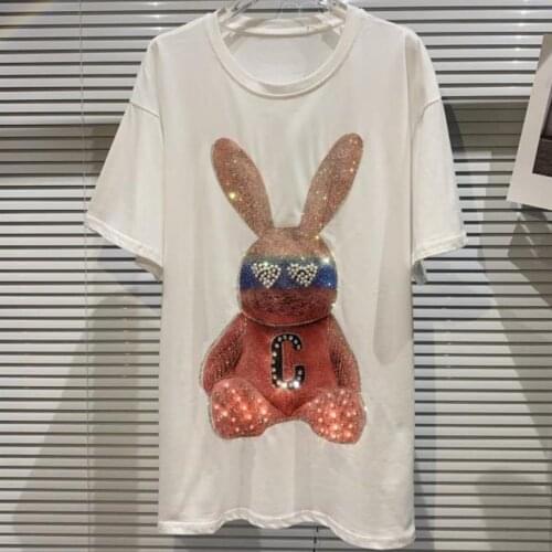 2021 summer new cartoon big rabbit figure pearl fashion t-shirt women bead hot drilling short-sleeved top tees