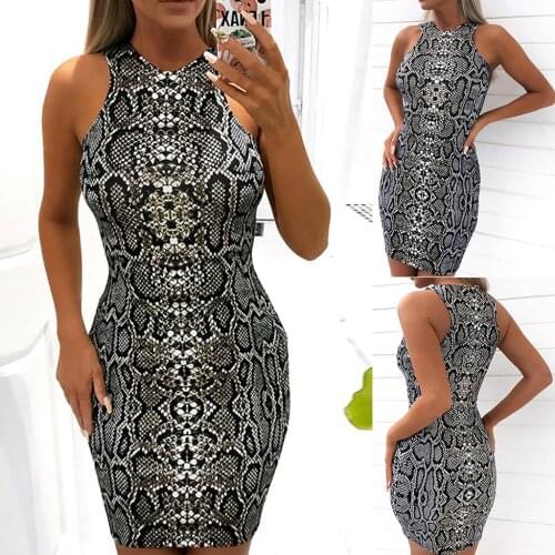 S-XL tenue sexy Womens Ladies Sexy Serpentine Print Sleeveless Mini Dress Summer Dress Tight-fitting hip skirt formal dress F4
