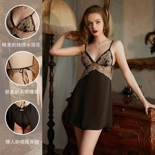 Sexy nighty for woman for sex Lingerie Satin Sling Sleepwear V-neck Nightdress combination under dress lace Pajamas Nighties